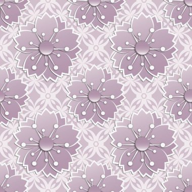 Kesik kağıttan yapılmış plastik çiçeklerle desensiz moda. Çiçek açan ağaç tarzında bir çiçek. Japon sakurası. Grafik tasarımı. 3B illüstrasyon.