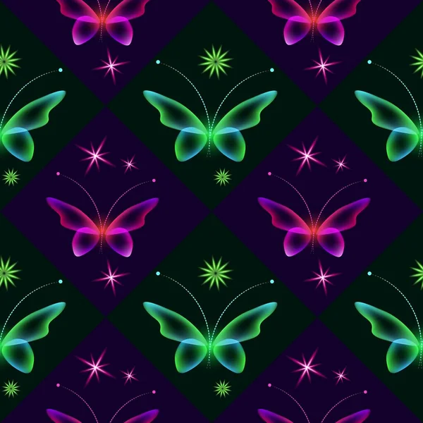 Glowing Background Magic Butterflies Neon Butterflies Glowing Blooms Seamless Pattern — Stock Photo, Image