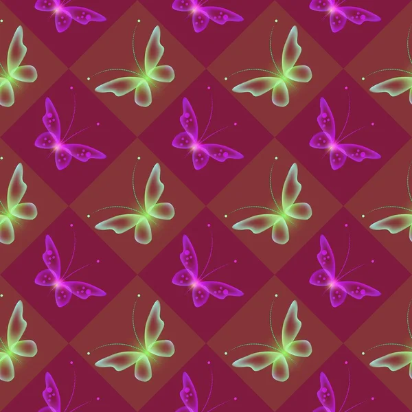 Светящийся Фон Волшебными Бабочками Неоновые Бабочки Светящиеся Цветы Бесшовный Рисунок — стоковое фото