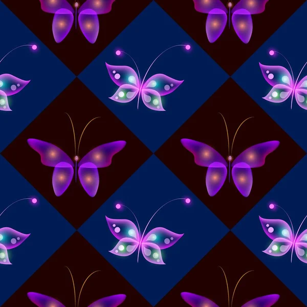 Glowing Background Magic Butterflies Neon Butterflies Glowing Blooms Seamless Pattern — Stock Photo, Image