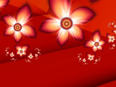 Fantezi çiçekli kırmızı fraktal görüntü. Metninizi eklemek için yer ile şablon. Kırmızı arkaplan olarak fraktal sanat.