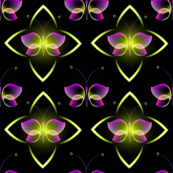 Gloeiende Achtergrond Met Magische Vlinders Neon Vlinders Gloeiende Bloemen Naadloos — Stockfoto