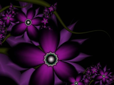 Çiçekli arka plan olarak mor fraktal çizim. Tasarım için yaratıcı bir unsur. Matematik algoritmasıyla elde edilen fraktal çiçek. Yaratıcı grafik tasarımı için dijital çizimler.