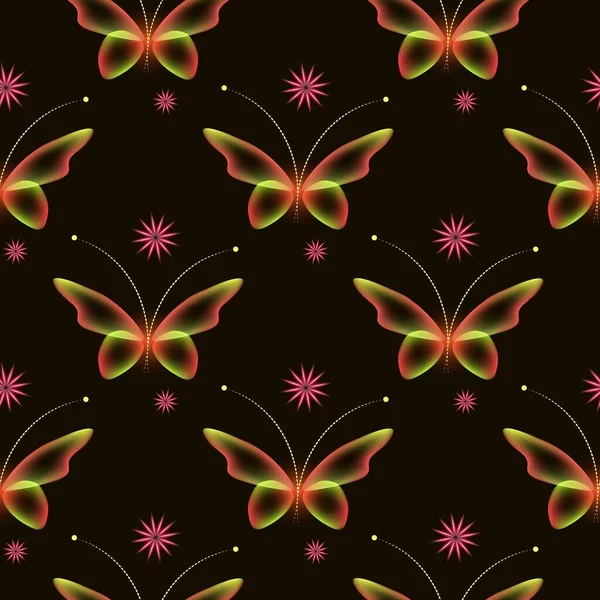 Glowing Background Magic Butterflies Neon Butterflies Glowing Blooms Seamless Pattern — Stock Photo, Image