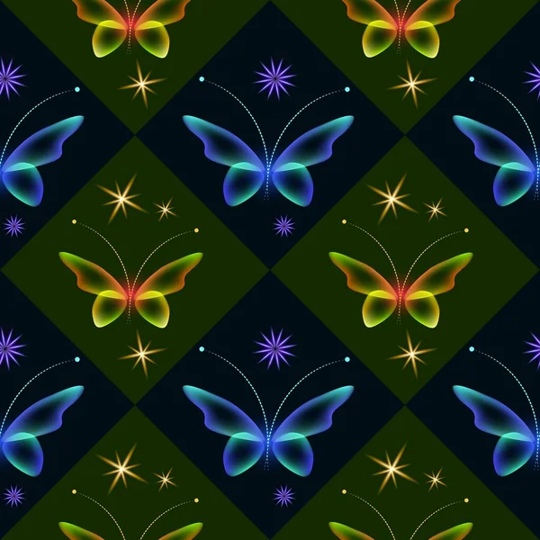 Glowing Background Magic Butterflies Neon Butterflies Glowing Blooms Seamless Pattern — Stock Photo, Image