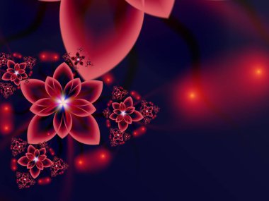 Fantezi çiçekli fraktal görüntü. Metninizi eklemek için yer ile şablon. Kırmızı arkaplan olarak fraktal sanat.