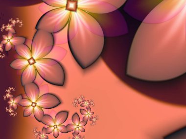 Çiçekli arka plan olarak turuncu fraktal görüntü. Tasarım için yaratıcı bir unsur. Matematik algoritmasıyla elde edilen fraktal çiçek. Yaratıcı grafik tasarımı için dijital çizimler.