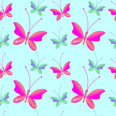 Renkli kelebeklerle neşeli bir desen. Düzenli, pürüzsüz desen. Kusursuz desen, komik arka plan..