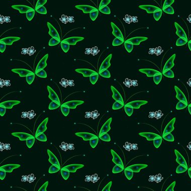 Sihirli kelebeklerle parıldayan arka plan. Neon kelebekleri ve parlayan çiçekler. Kusursuz desen.