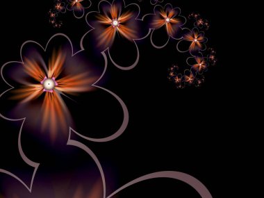 Koyu arkaplanda çiçekli fraktal görüntü. Mesajınızı eklemek için bir şablon. Çoklu renkli çiçekler. Arka plan olarak fraktal sanat.