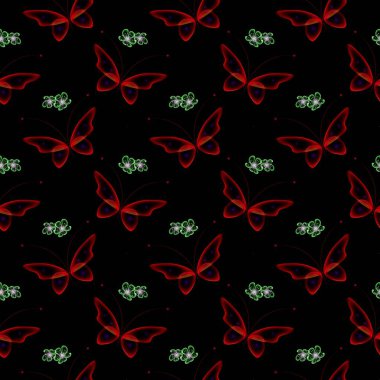 Sihirli kelebeklerle parıldayan arka plan. Neon kelebekleri ve parlayan çiçekler. Kusursuz desen.