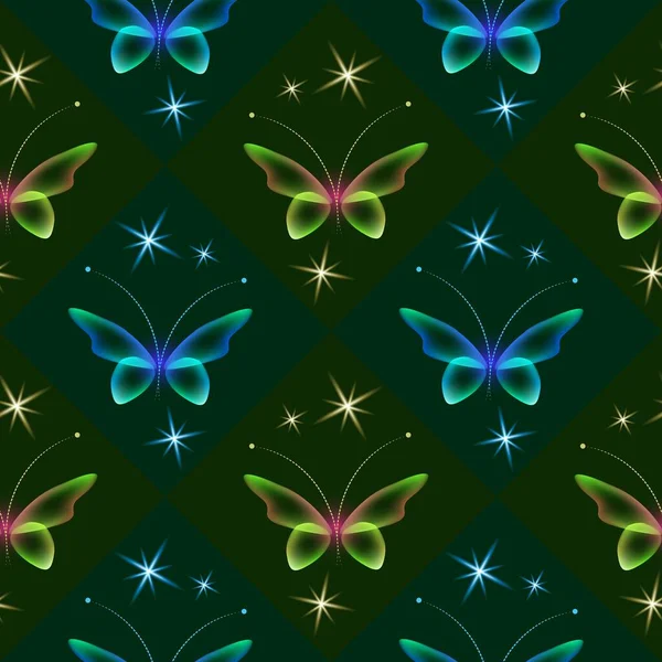 Glowing Background Magic Butterflies Neon Butterflies Glowing Blooms Seamless Pattern — Stock Photo, Image