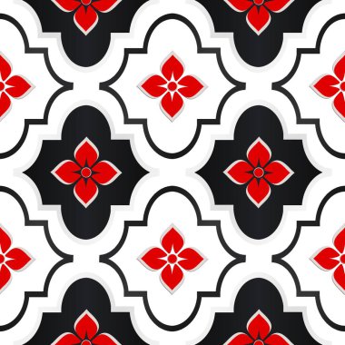 Çiçeksiz arka plan. Soyut çiçek desenli kırmızı siyah doku. Tasarım tekrarlanıyor.