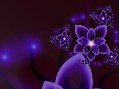 Çiçekli mor fraktal çizim. Tasarım için yaratıcı bir unsur. Matematik algoritmasıyla elde edilen fraktal çiçek. Yaratıcı grafik tasarımı için dijital çizimler.