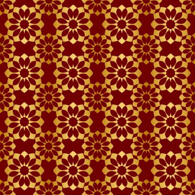 Düzenli süslemeleri olan kırmızı altın desenli.