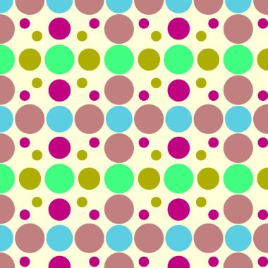 Tekstil ve kağıt üzerine basım için evrensel polka nokta dokusu. Farklı noktalı polka desenleri olan normal bir polka deseni. Renkli daireli çok renkli bir arkaplan. Yuvarlak şekilli doku.