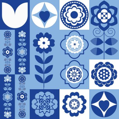 Fayans olarak çiçekler, arka plan olarak pürüzsüz dekorlar olan mavi ve beyaz bir set.