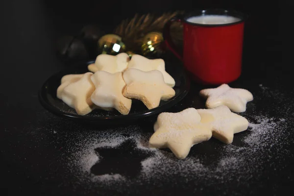 Leite Biscoitos Para Papai Noel Conceito Tema Natal Bonito Fundo — Fotografia de Stock