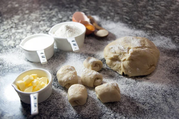 Making Bread Rolls Background Flour Egg Butter Granite Selective Focus — Stock Photo, Image