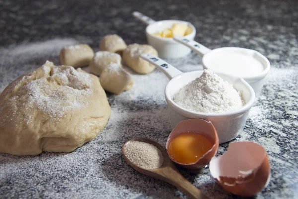 Making Bread Rolls Background Flour Egg Butter Granite Selective Focus — Stock Photo, Image