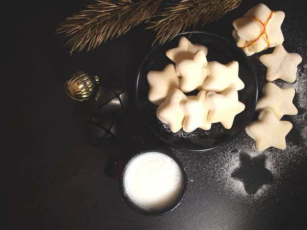 Leite Biscoitos Para Papai Noel Conceito Tema Natal Bonito Fundo — Fotografia de Stock