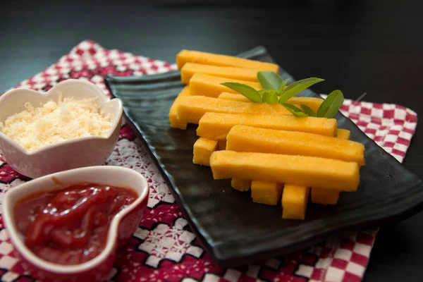 Polenta Fries Tomato Sauce Cheese Italian Appetizers Fried Corn Sticks — Stock Photo, Image