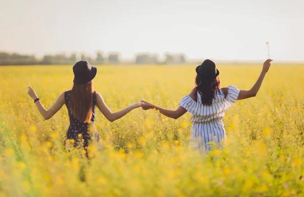 Twee jonge lesbische vrouwen op het veld dragen jurken. — Stockfoto