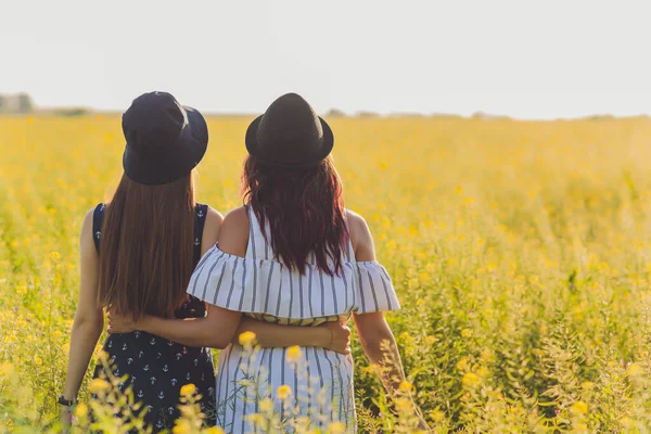 Twee jonge lesbische vrouwen op het veld dragen jurken. — Stockfoto