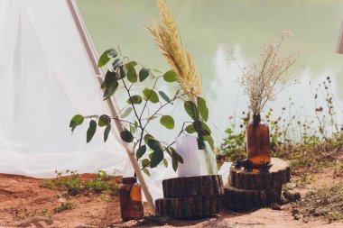 Güneşli hanım evlatları, şeffaf bir çaydanlıkla nehir ve çimenlerin arka planına yaklaşıyorlar..