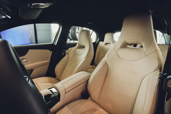 Interior view of car with leather salon.