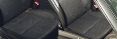 Araba iç tekstil koltukları. Kimyasal temizlik ve profesyonel çıkarma metodu. Erken bahar temizliği ya da düzenli temizlik. İşlemden önce ve sonra