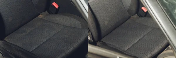 Car interior textile seats chemical cleaning with professionally extraction method. Early spring cleaning or regular clean up. before and after the procedure