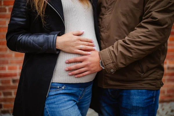 Obrázek těhotné ženy dotýkající se břicha rukama. — Stock fotografie