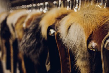 Askıdaki bir dükkanda farklı renklerde vizon kürkler.