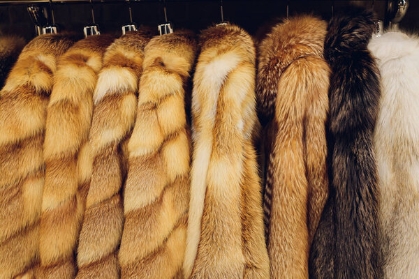 Mink coats of different colors in a shop on a hanger.