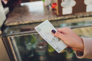 Kadın Türk lira banknotlarını sayıyor..