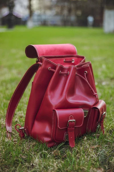 Elegante mochila y gafas de sol sobre hierba verde. — Foto de Stock