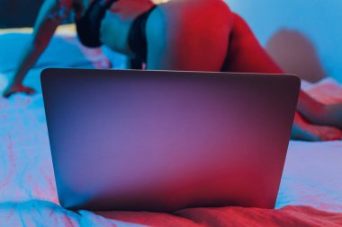 Web kamerasının önünde poz veren güzel, genç bir kız, seks mankeni olarak çalışıyor. İnternette flört etme, internette seks..