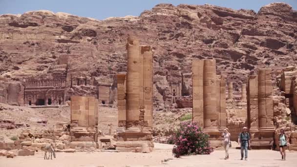PETRA, JORDAN - 15 mars 2018: Förhöjd utsikt över klostret eller El Deir i den antika staden Petra, Jordanien, — Stockvideo