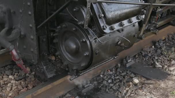 Tren istasyonunda eski Buhar Lokomotifi. Vintage Steam demiryolu. İngiltere tren istasyonunda eski bir lokomotif. Vintage UK tren yolculuğu. Seçici odaklanma. Boşluğu kopyala. — Stok video