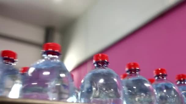 As novas garrafas de plástico na correia transportadora na fábrica de bebidas. — Vídeo de Stock