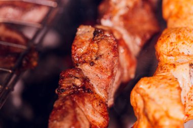 Metal şişte pişen ızgara kebap. Barbeküde pişmiş et. Barbekü taze et dilimleri. Geleneksel doğu yemeği, şiş kebap. Kömür ve alevler üzerine ızgara, piknik, sokak yemekleri.