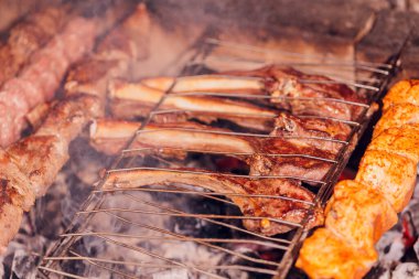 Metal şişte pişen ızgara kebap. Barbeküde pişmiş et. Barbekü taze et dilimleri. Geleneksel doğu yemeği, şiş kebap. Kömür ve alevler üzerine ızgara, piknik, sokak yemekleri.
