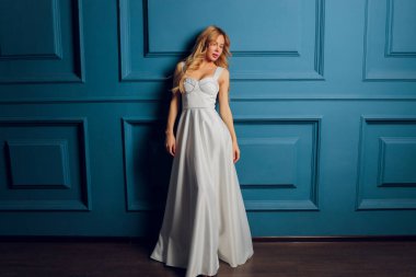 Gece elbisesi giymiş güzel bir kadın. Restoran barında poz vermiş, kameraya bakıyor. .