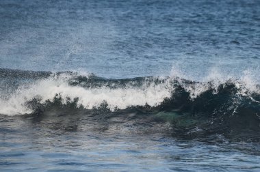 Küçük deniz dalgaları kıyıdaki taşlara çarpıyor. Parlak güneşli bir gün ve dalgaların beyaz köpüğü. Hava kirliliğinin çevresel bir etkisi olarak buzulların erimesi.