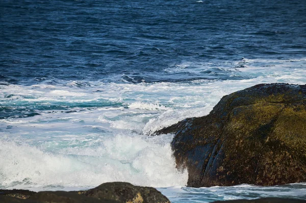 Küçük deniz dalgaları kıyıdaki taşlara çarpıyor. Parlak güneşli bir gün ve dalgaların beyaz köpüğü. Hava kirliliğinin çevresel bir etkisi olarak buzulların erimesi.