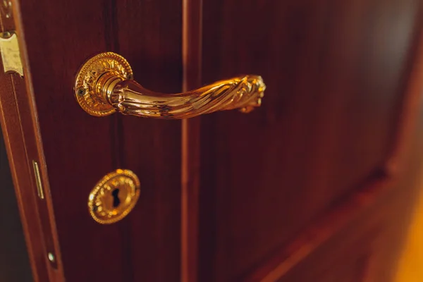 Maniglia della porta d'oro sulla porta classica in legno. — Foto Stock