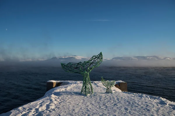 Teriberka, Murmansk region Russia - 01.19 2020: Whale metallic tail statue on the pictoresque village. — 스톡 사진