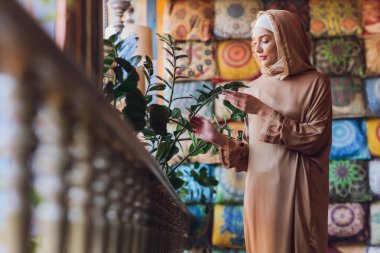 Kafede oturan Arap genç Müslüman kadın..