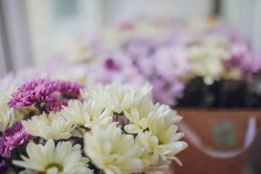 Çok sayıda farklı çiçekli, renkli bahar buketi jöle ve beyaz kasımpatı, bordo kırmızı güller, alstromerya.